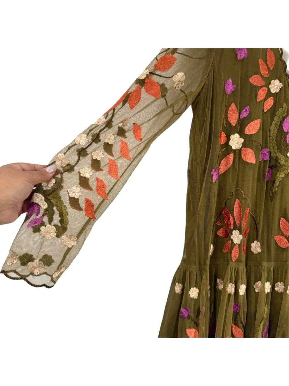 Free People Olive Hearts Are Wild Floral Embroidered Mini Dress Womens Large - Picture 5 of 8